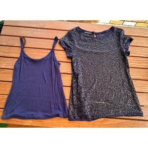 INC Sequin Top Tank Set Party Sparkle Sleeveless Dark Blue L